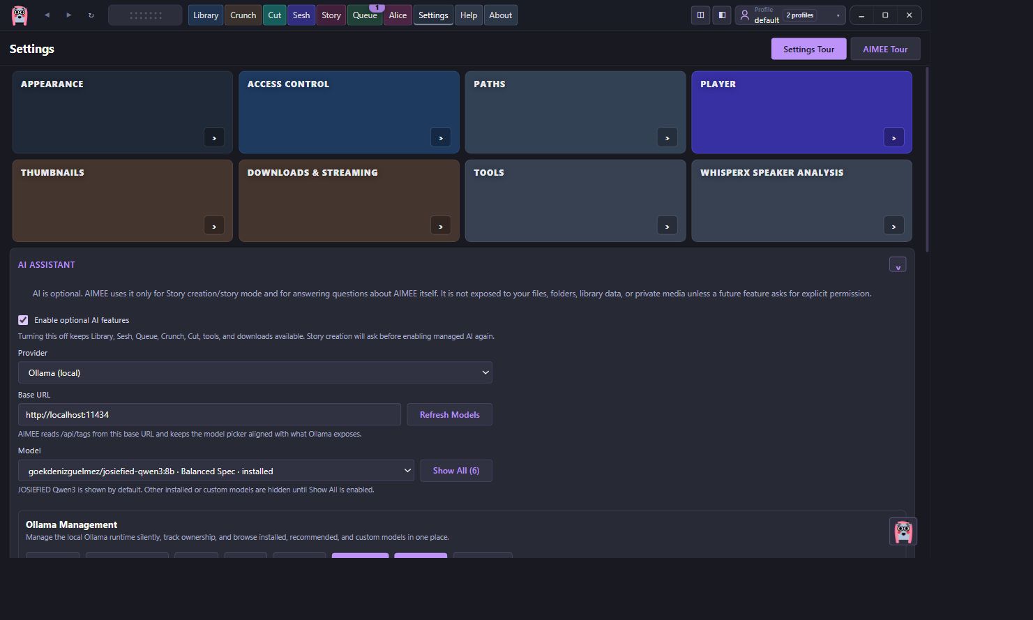 AIMEE AI Assistant settings expanded