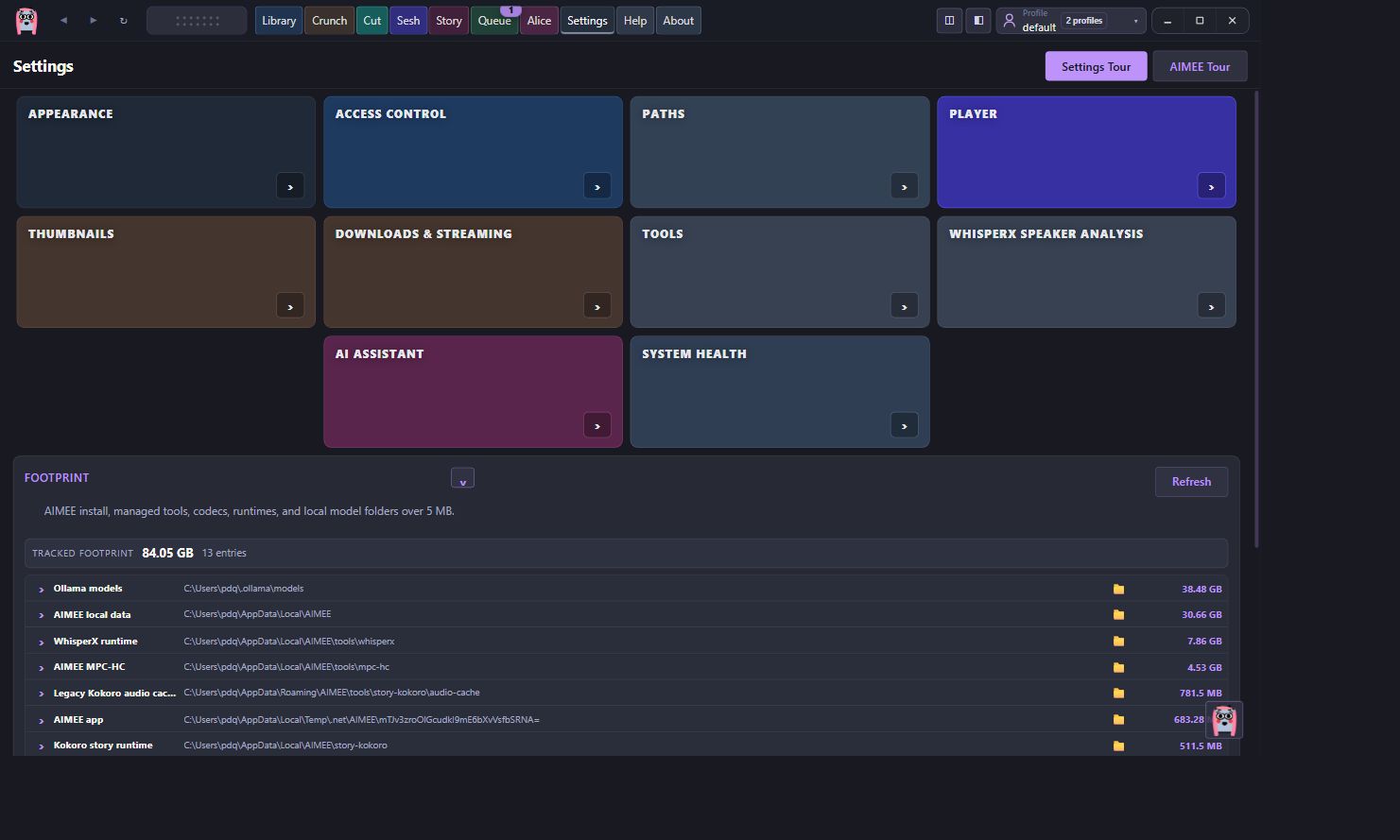 AIMEE Footprint settings expanded