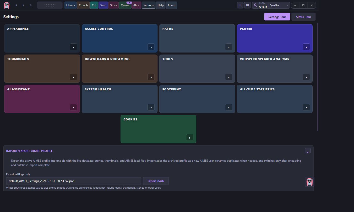 AIMEE profile import and export settings expanded