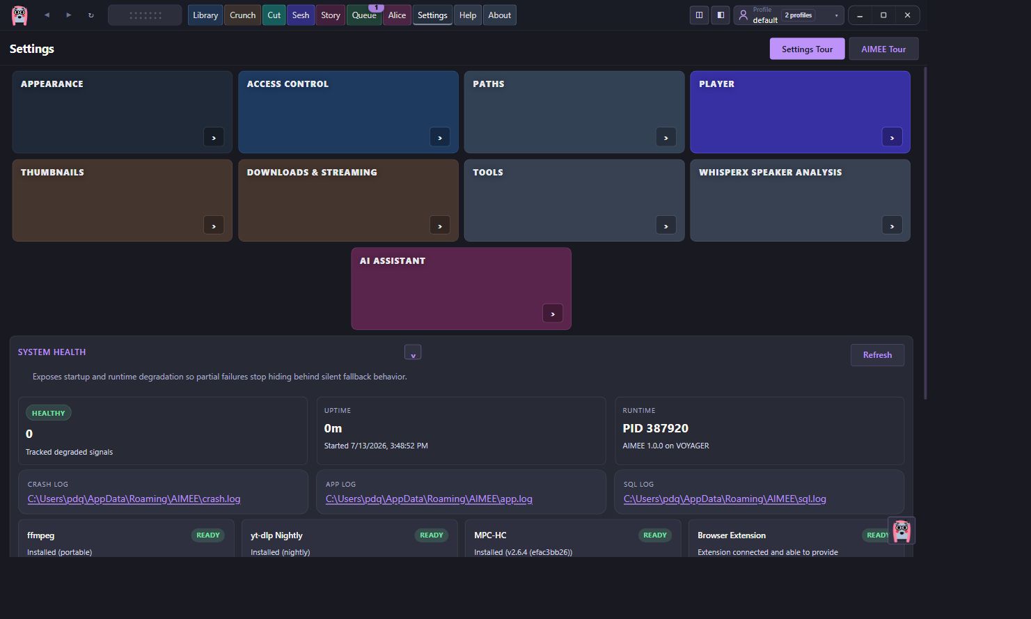 AIMEE System Health settings expanded