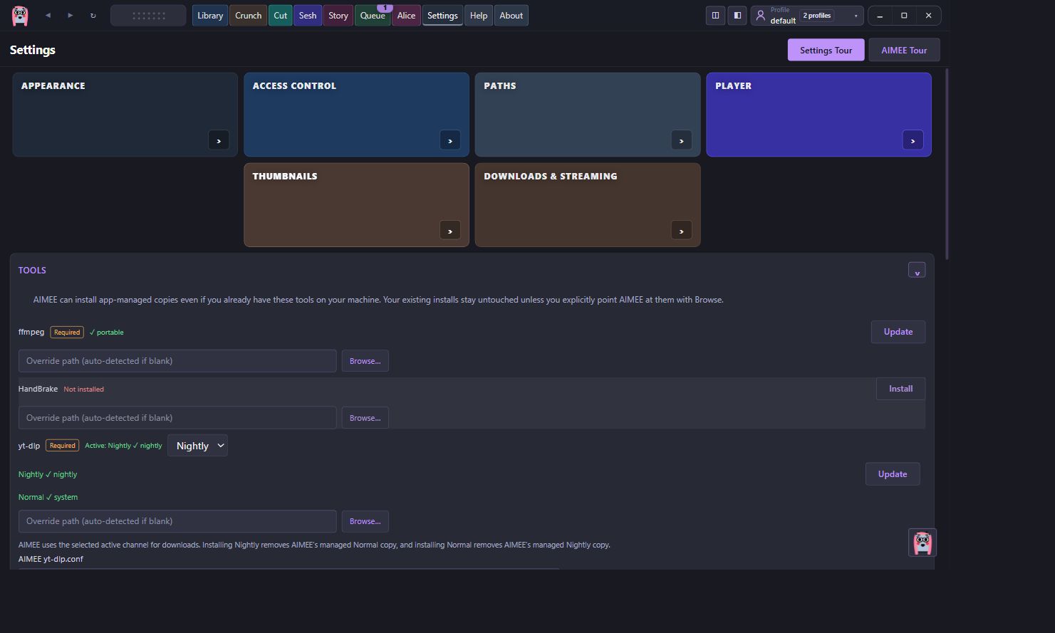 AIMEE Tools settings expanded