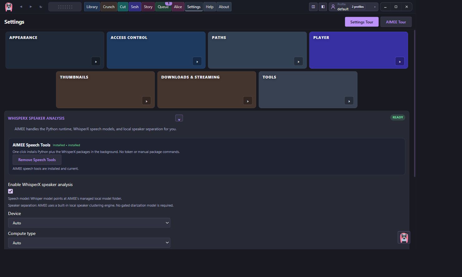 AIMEE WhisperX settings expanded